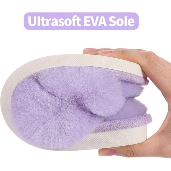 Women's Fuzzy Slippers Cross Band Lavender Memory Foam House Slippers Open Toe - Picture 5 of 6